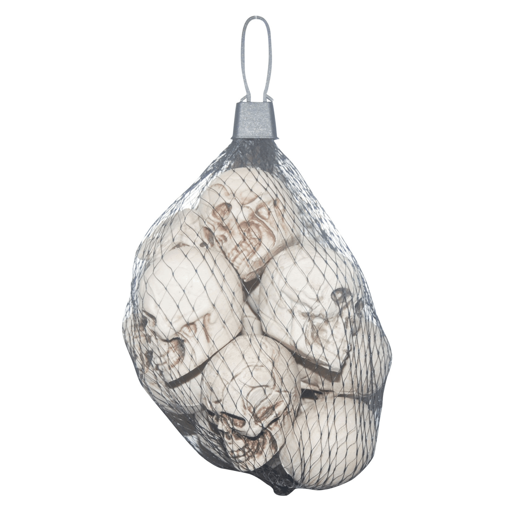 Miniature pale skull decorations bundled in a black mesh bag with a hanging loop.