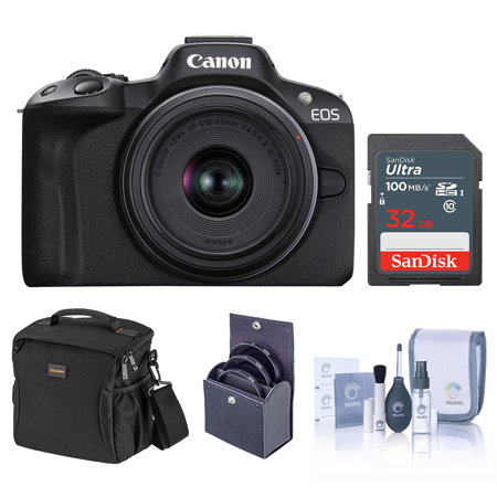 Canon EOS R50 camera and lens shown with a 32GB SanDisk card, shoulder bag, filter case, and cleaning accessories.