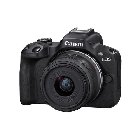 Black Canon EOS R50 mirrorless camera with an RF-S 18-45mm lens, viewed from the front at an angle.