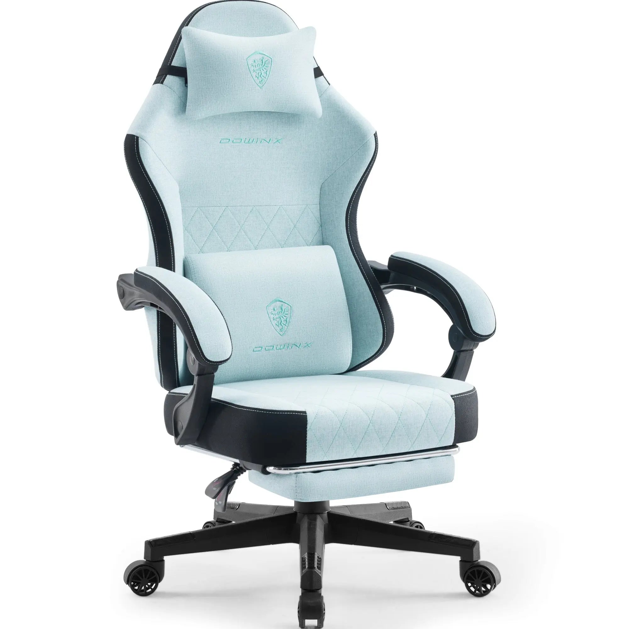 Aqua and black Dowinx 6650F chair showing its headrest pillow, lumbar pillow, padded arms, and tucked footrest.