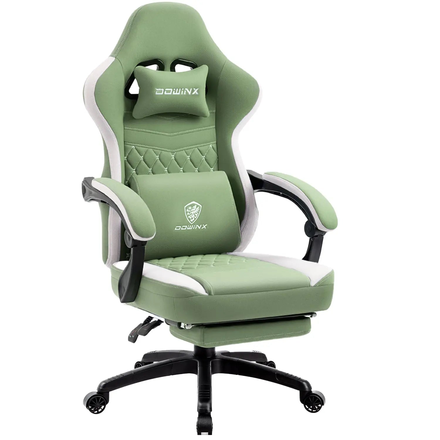 Green and white Dowinx 6657D chair on a five-spoke wheeled base, with its footrest tucked below the seat.