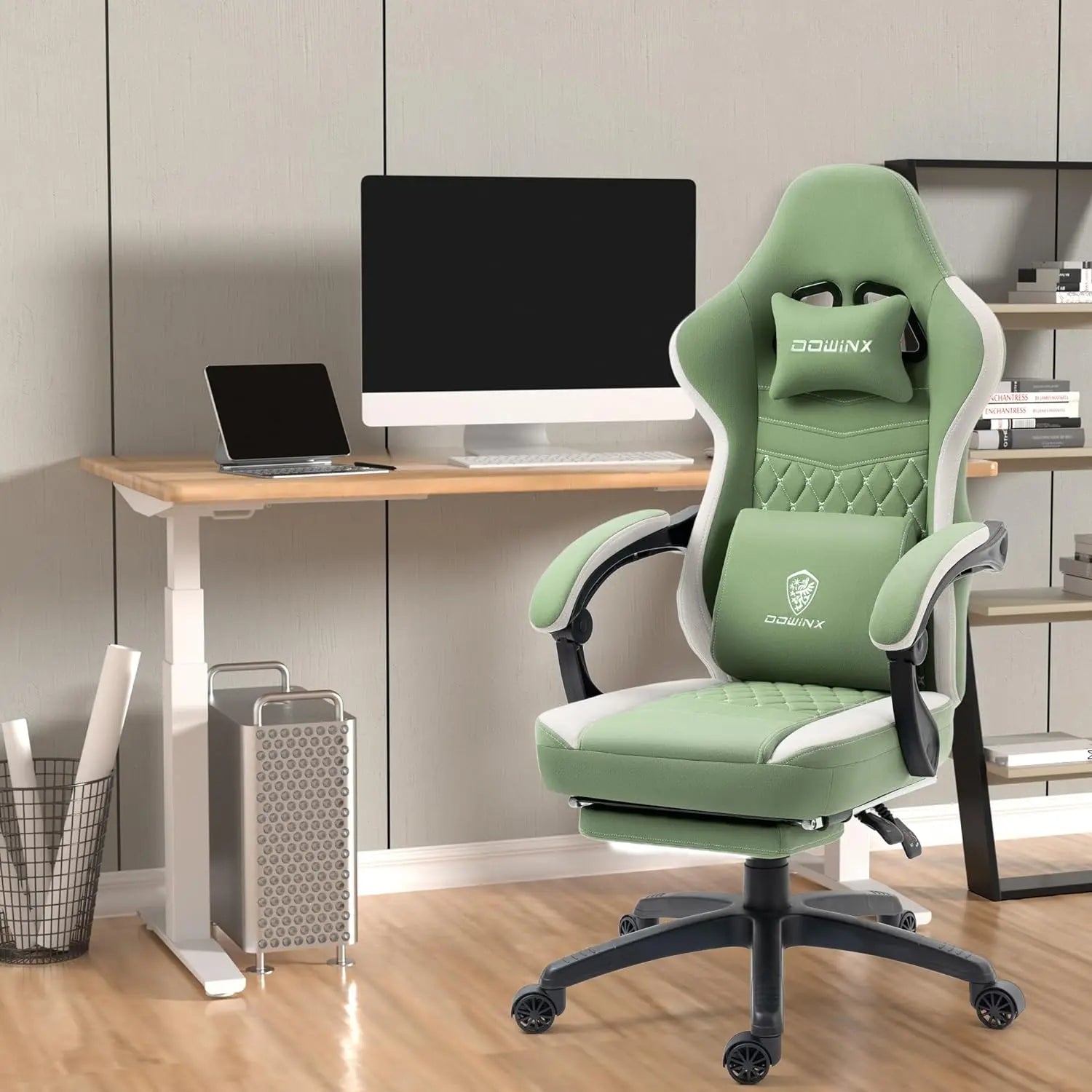 Green and white Dowinx 6657D chair with head and lumbar pillows beside a home-office desk.