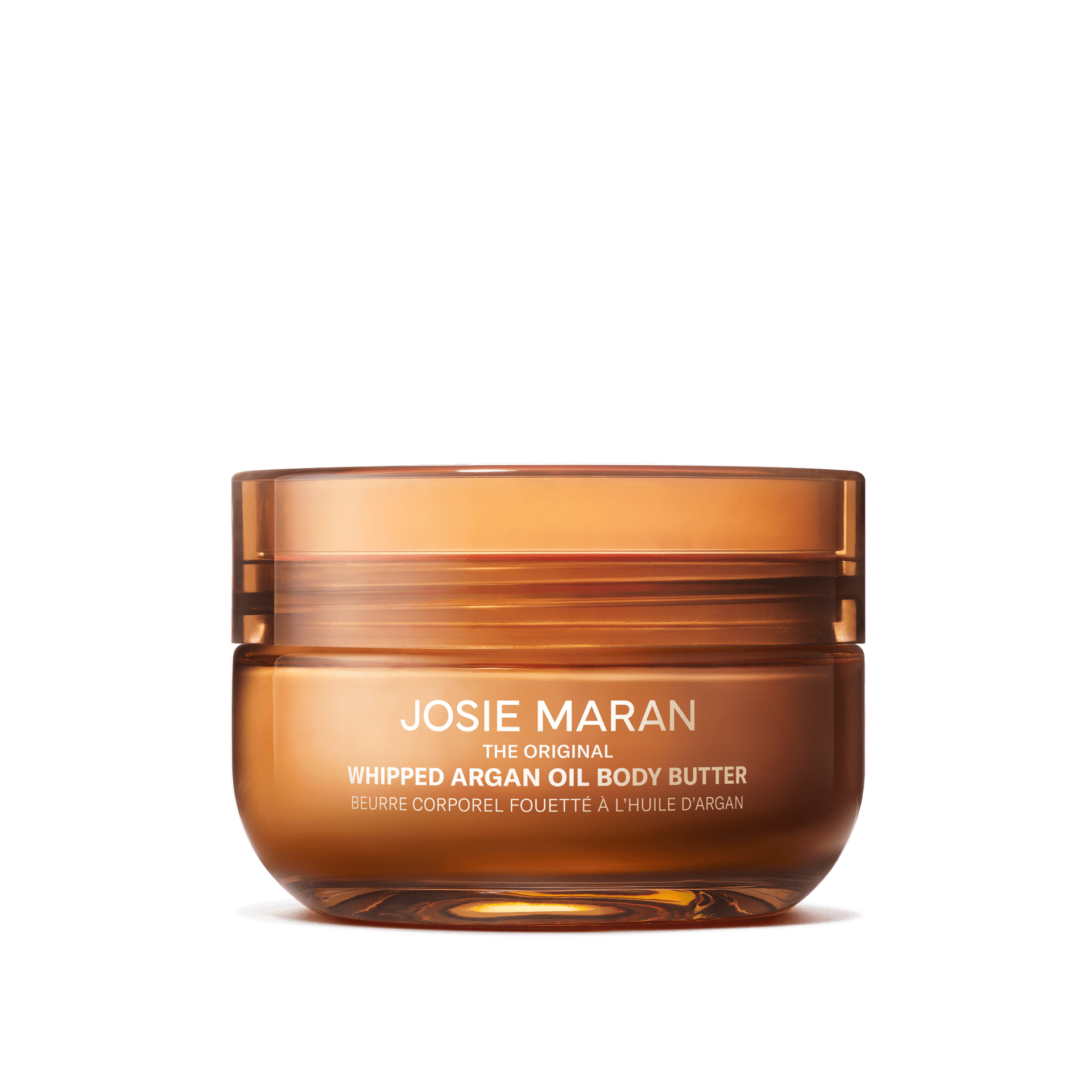 Amber jar of Josie Maran Whipped Argan Oil Body Butter in the fragrance-free Always Nude version.