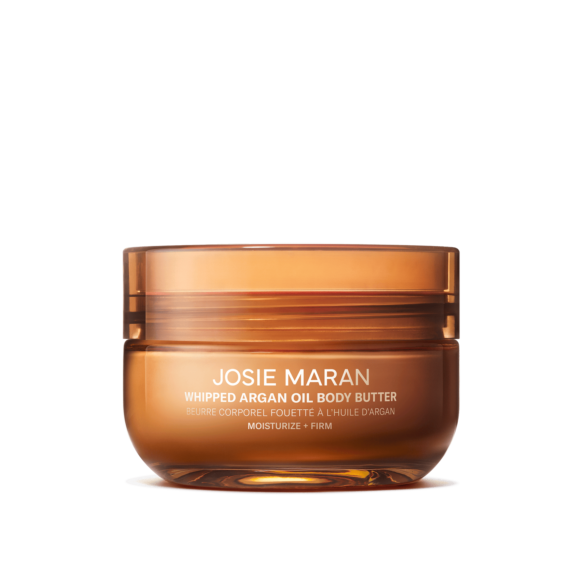 Amber jar of Josie Maran Whipped Argan Oil Body Butter in the In Bed scent.
